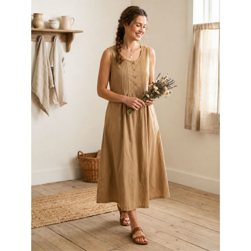 Vermont Country Store Cotton Pintuck Midi Dress Beige Tie Back Cottagecore Sz M